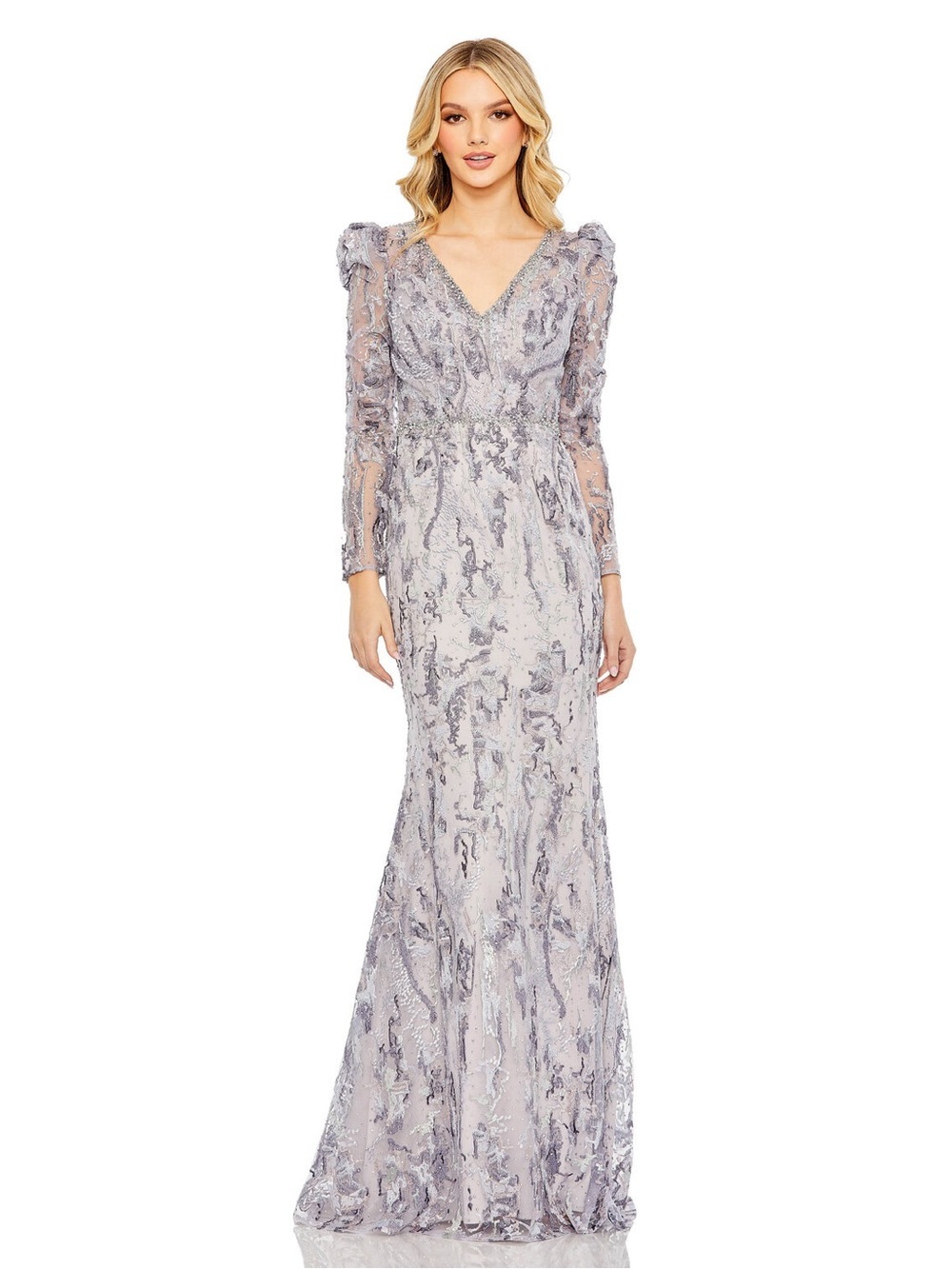 Mac Duggal 20425 Purple V-Neck Embellished Puff Sleeve Gown Size 14 NWT
